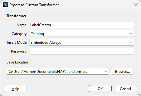 Export as Custom Transformer dialog